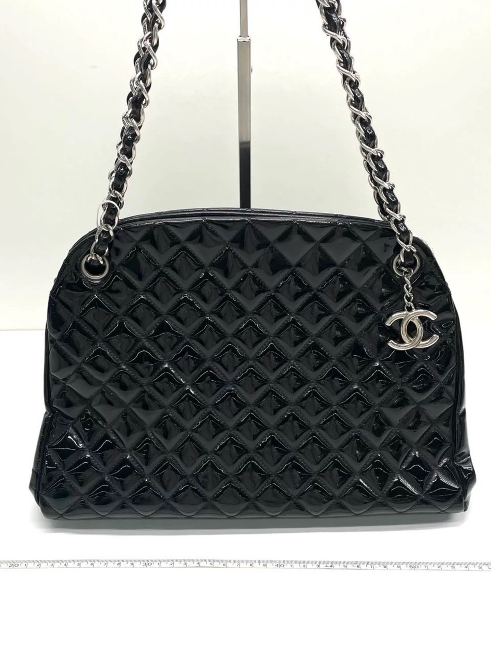 CHANEL Black Quilted Patent Shoulder Bag with Chain Strap and CC Charm